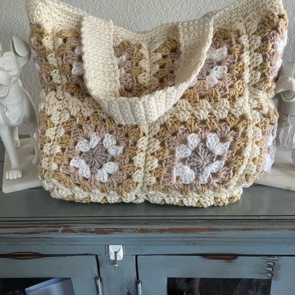 Handcrafted Crochet Tote Bag - Cream and Tan